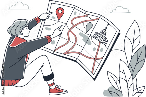Hands holds a map with a way and a red pin mark. Target or destination concept. Modern collage Illustration on transparent background.direction, guide, location, map, destination, travel, assistance, 