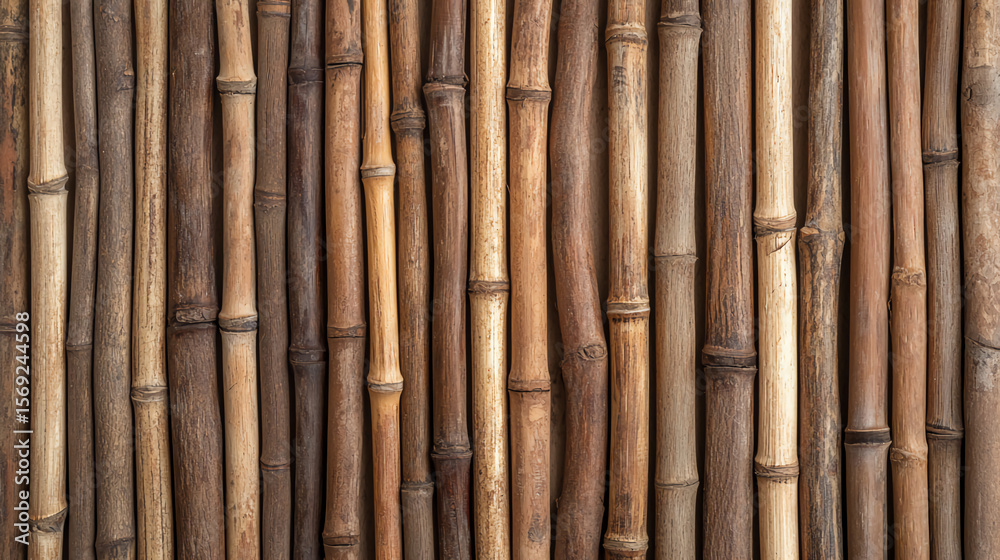 Fototapeta premium A close-up view of natural bamboo stalks arranged vertically, showcasing their texture and varying shades of brown.