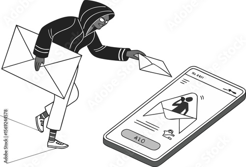 Black and white hand takes an envelope with unread message from phone screen. Modern collage style. Vector illustration.address, advertising, chat, check, contact, corporate, document, information, 