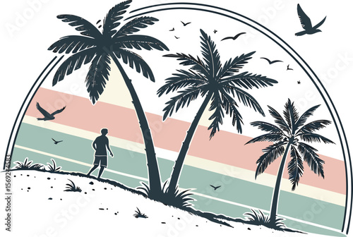 Half-round retro badge with silhouettes of palm trees. Illustration on transparent background.island, nature, vacation, beach, sea, summer, travel, artwork, clip art, dusk, emblem, graphic, hawaii, 