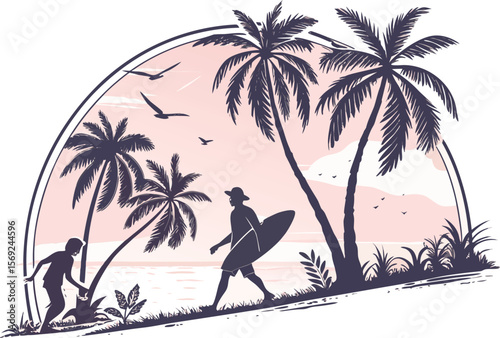Half-round retro badge with silhouettes of palm trees. Illustration on transparent background.island, nature, vacation, beach, sea, summer, travel, artwork, clip art, dusk, emblem, graphic, hawaii, 