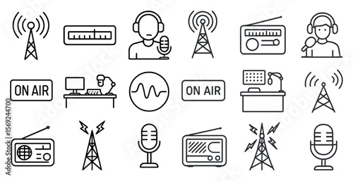 Collection of radio station icons, including a microphone, a radio, and a person wearing headphones