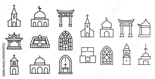 Collection of religious buildings including churches, mosques, and synagogues. The buildings are all drawn in a simple, stylized way