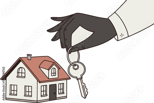 hand in a white shirt holding a small house and a key.agent, apartment, assurance, conservation, construct, development, finance, hold, housing, human, investment, loan, mortgage, palm, property, 