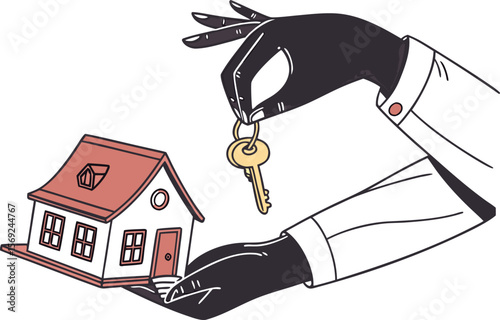hand in a white shirt holding a small house and a key.agent, apartment, assurance, conservation, construct, development, finance, hold, housing, human, investment, loan, mortgage, palm, property, 