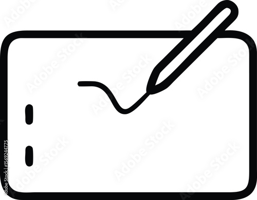 Simple black and white line drawing of a graphics tablet and stylus