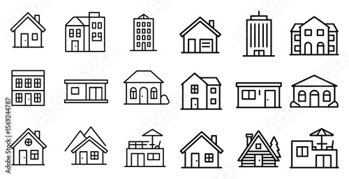 Set of house icons in a row. The icons are all different sizes and shapes, but they all have a similar design. Scene is calm and peaceful, as the houses are all simple and uncluttered