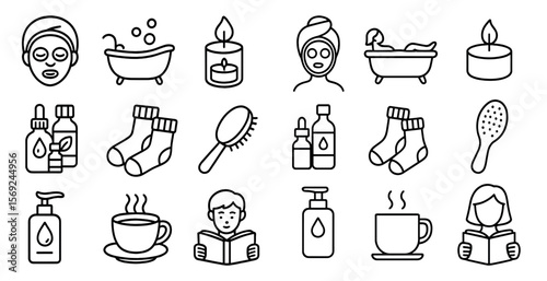Collection of black and white icons for various items related to self-care and relaxation. The icons include a bathtub, a book, a cup of coffee, a bottle of lotion, a bottle of shampoo