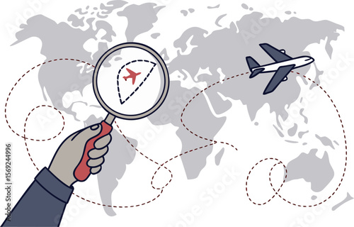 Hand with a magnifying glass look at silhouette of plane on the world map background. Travel concept. Modern photo collage style.discovery, journey, research, transportation,