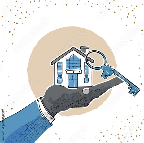 hand in a white shirt holding a small house and a key.agent, apartment, assurance, conservation, construct, development, finance, hold, housing, human, investment, loan, mortgage, palm, property, 