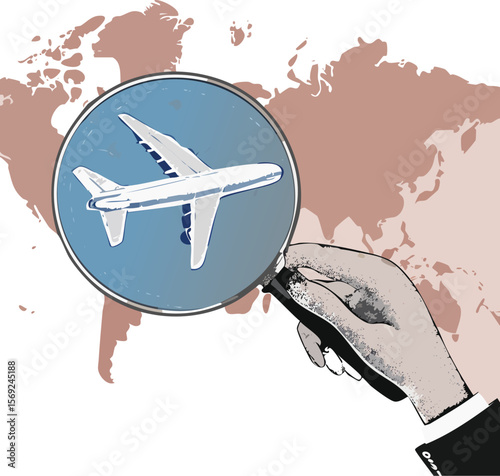 Hand with a magnifying glass look at silhouette of plane on the world map background. Travel concept. Modern photo collage style.discovery, journey, research, transportation,