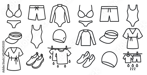 Collection of clothing items including shorts, shirts, and hats. The clothing items are all laid out in a row, with some hanging on a clothesline. Scene is casual and relaxed