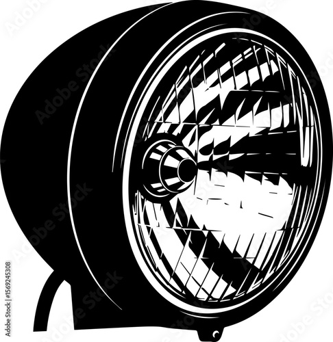Black and White Motorcycle Headlight Silhouette with Geometric Reflector Pattern