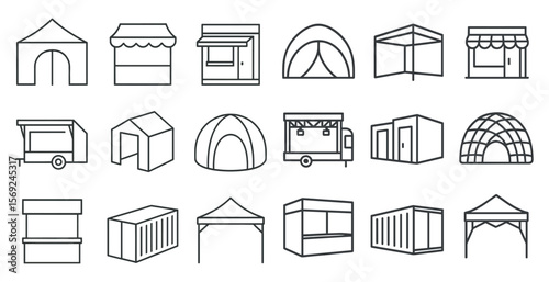 Series of tents and other structures are shown in a line. The tents are of various sizes and shapes, including a large tent and a small tent