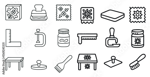 Collection of various items, including a ruler, a jar, a brush, and a knife.