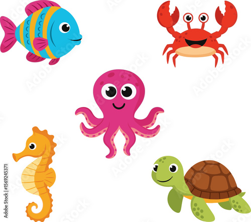 Cartoon Sea Animals: Fish, Crab, Octopus, Seahorse, and Turtle Vector Illustration