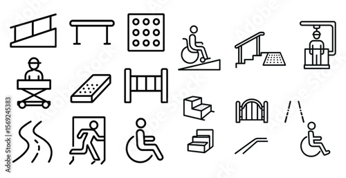 Series of icons depicting various activities and objects, including a wheelchair, stairs, and a ramp