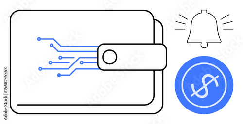 Digital wallet with circuit-thumbs up pattern signifying cryptocurrency, notification bell, and dollar icon. Ideal for payment, savings, e-commerce, fintech, digital security, online banking simple