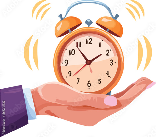 Collage with classic ringing alarm clock in a hand.arrow, classical, collage, colours, contemporary, hold, hours, human, lightning, measurement, motivation, reminder, ring, sale, single, sleep, time, 