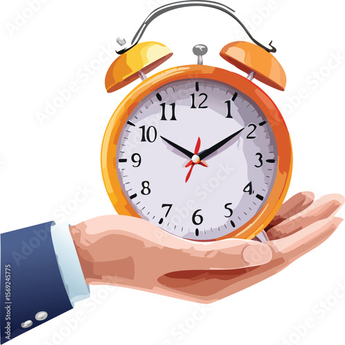Collage with classic ringing alarm clock in a hand.arrow, classical, collage, colours, contemporary, hold, hours, human, lightning, measurement, motivation, reminder, ring, sale, single, sleep, time, 