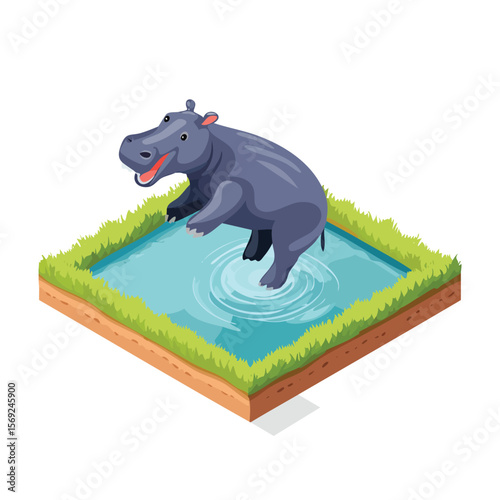 Hippopotamus jump isometric vector illustration with clean geometry and modern design