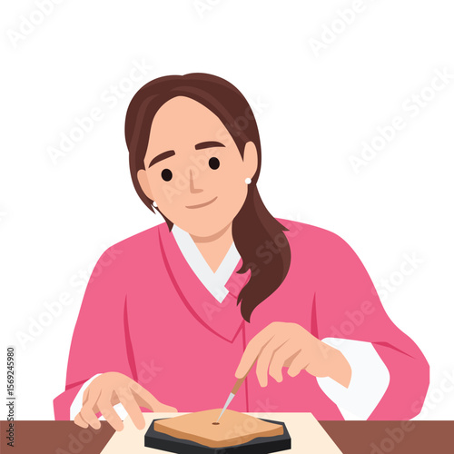 Woman in a pink hanbok delicately carving a shape out of dalgona candy using a needle. Flat vector illustration isolated on white background