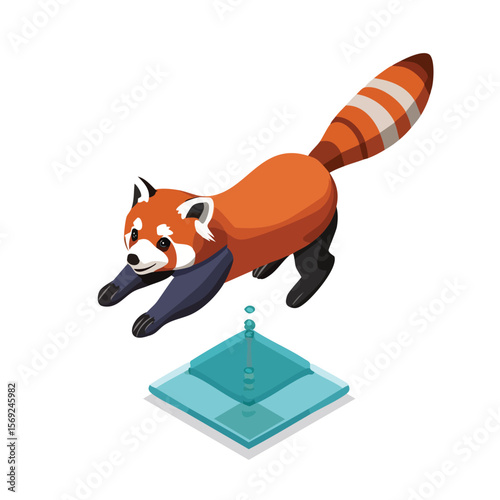 Red Panda jump isometric vector illustration with clean geometry and modern design