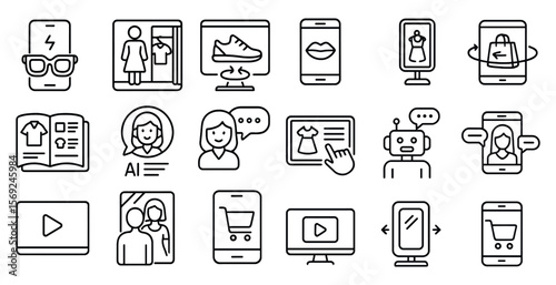 Collection of icons for shopping and technology. The icons include a book, a cell phone, a computer, a television, a robot, a woman, a man, a woman with a shopping bag, a woman with a shopping bag