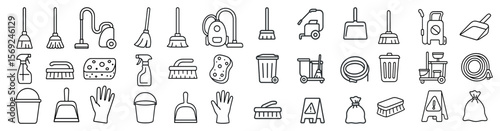 Collection of cleaning supplies and tools. The image is a collection of various cleaning supplies and tools, including brooms, mops, and cleaning solutions. Scene is that of organization