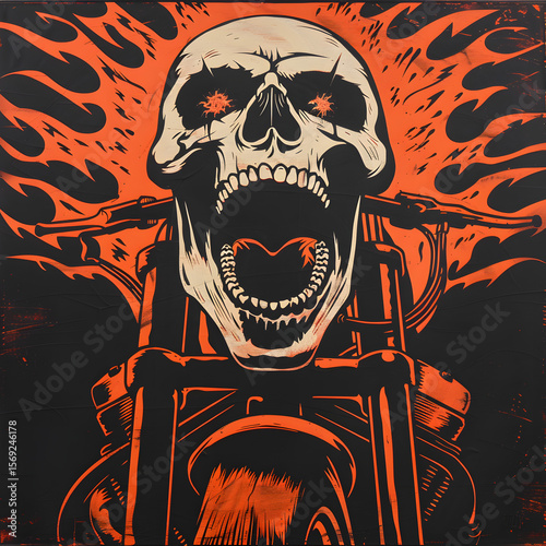 Intense black and orange skull illustration on motorcycle front view with flames and aggressive design perfect for edgy artwork or motorcycle themed posters