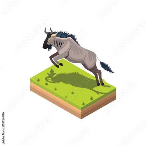 Wildebeest jump isometric vector illustration with clean geometry and modern design