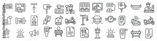 Collection of icons for various transportation and traffic related services. The icons include a police officer, a motorcycle, a car, a stop sign, a speed camera, a traffic light