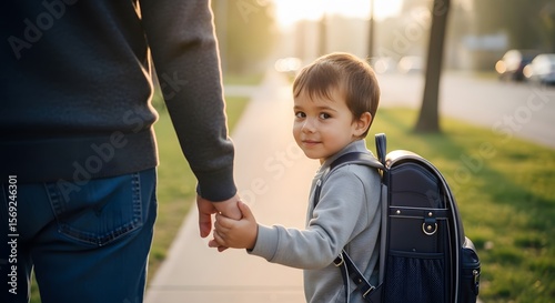 A young child, holding hands with an adult, looks back while walking down a sidewalk.