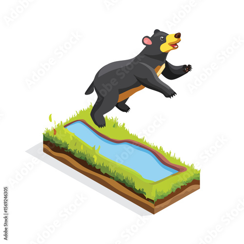 Sun Bear jump isometric vector illustration with clean geometry and modern design