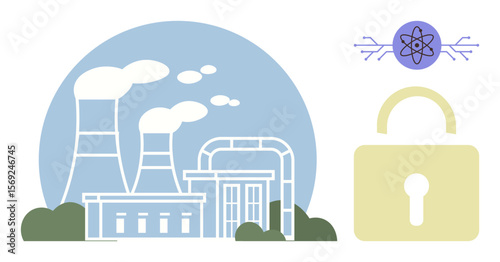 Factory with cooling towers and piping alongside atomic icon and lock design. Ideal for security, energy safety, industrial risks, environmental protection, cybersecurity, energy innovation, simple