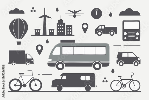 Diverse transportation and city elements in a flat design style