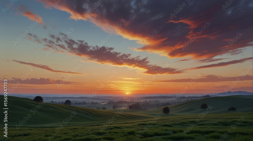 Fototapeta premium Rolling green hills bathed in the warm hues of a captivating sunrise sky showcase a peaceful rural landscape.