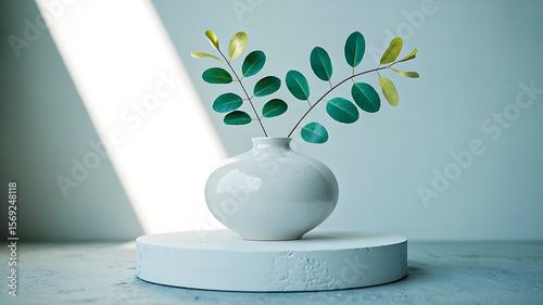 Wallpaper Mural white ceramic vase with green leaves on round white platform in natural light
 Torontodigital.ca