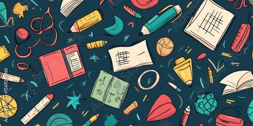Colorful school supplies pattern design.