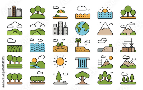 Minimalist vector icons of landscapes including cityscapes hills rivers sun and construction site

