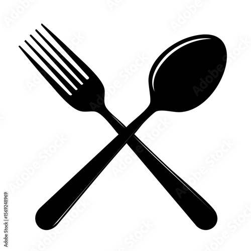 Vector Silhouette of a Fork and Spoon Crossed Together, Solid Black Minimal Design for Kitchen, Cooking, or Dining Concepts on White Background