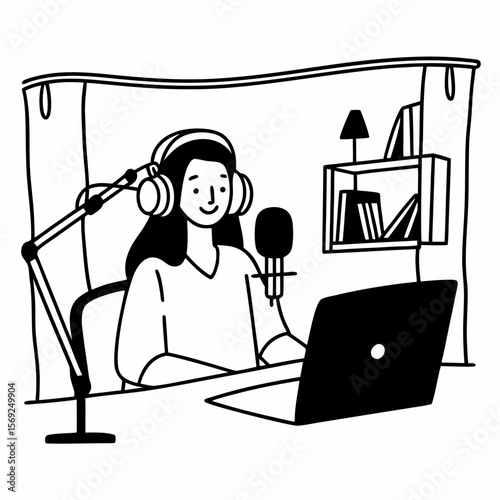 Podcaster recording her podcast from home