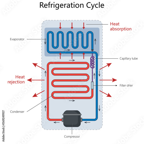 refrigeration cycle, showing heat absorption and rejection using labeled evaporator, condenser, and compressor diagram hand drawn schematic vector. Science educational illustration