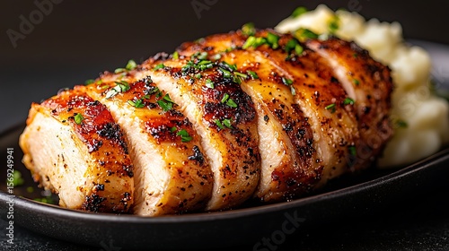 Sliced Roasted Chicken Breast with Herbs and Mashed Potatoes