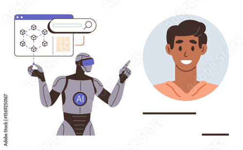 AI robot analyzing data with digital mechanisms, highlighting human face recognition, algorithm, and modern integration. Ideal for AI, technology, innovation, machine learning, interaction identity