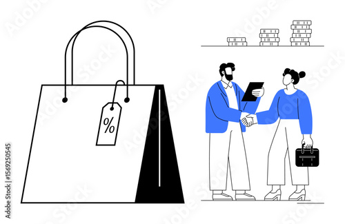 Shopping bag with discount label alongside two professionals shaking hands near stacked coins and documents. Ideal for teamwork, sales, partnership, commerce, deals, business growth, simple flat