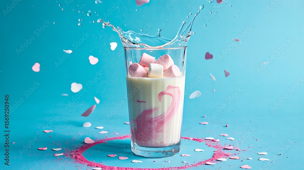 custom made wallpaper toronto digitalglass of milkshake with marshmallows splash and heart sprinkles on blue background