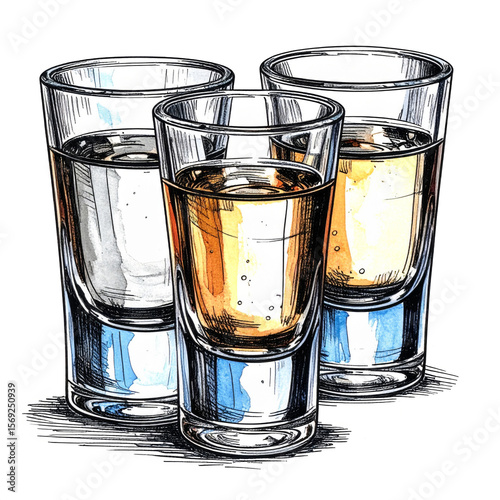 Three Shot Glasses of Amber and Clear Liquids