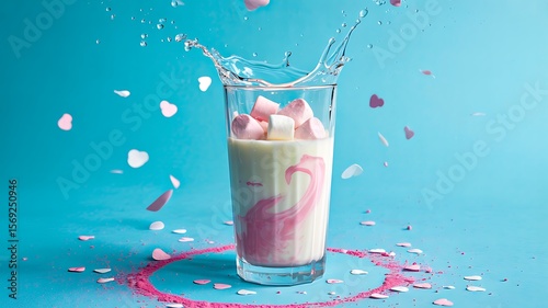 Wallpaper Mural glass of milkshake with marshmallows splash and heart sprinkles on blue background
 Torontodigital.ca