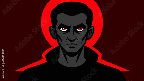Dark villain character with glowing red eyes and intense expression on red background in bold vector style